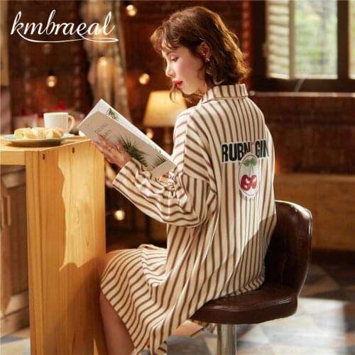 2021 Summer Spring Women Nightgown Cotton Stripe Long Sleelve Nightdress Ladies Shirt Skirt Girls Home Dress New Plus Size M-4xl