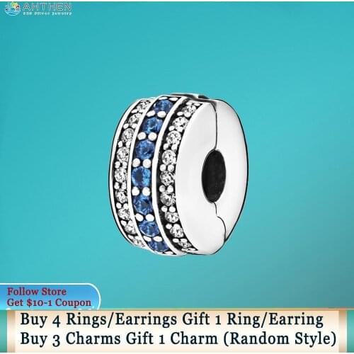 Ahthen 925 Sterling Silver Beads Sparkling Blue Line Clip Charms fit Original Pandora Bracelets for Women Jewelry Making Gift