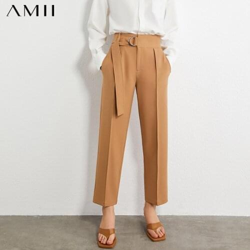 Amii Minimalism Autumn Winter Womens Pants Fashion OLstyle Solid Belt Straight Female Trousers Pants For Women 12030357