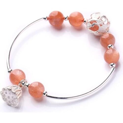 Dropshipping Sun Stone Natural Crystal Bracelet Round Beads S925 Charm Lotus Root Bracelet Women Girl Sunlight Stone Jewelry