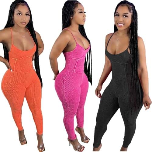 Elastic Hight Ribbed Knitted Womens Jumpsuit 2021 Low Neck Sleeveless One Piece Overalls Activewear Sporty Soft Sling Romper