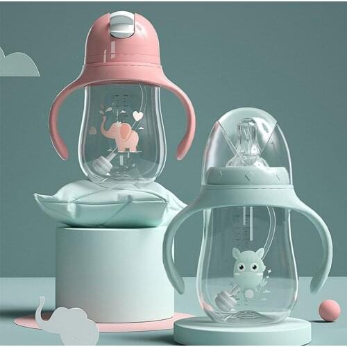 180ML/300ML Baby Bottles Dual-use Wide-Caliber Multifunctional Drinking Milk Bottle With Straw Handle Baby Feeding Supplies