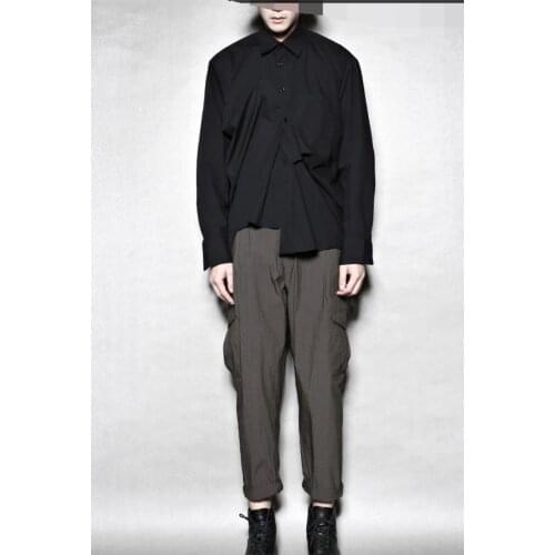 Spring and Autumn mens lapel solid color irregular asymmetric folding design fashion show silhouette long-sleeve shirt