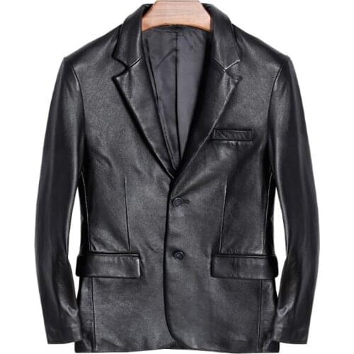 Mens Leather Suit Jacket Motorcycle 100% Natural Genuine Real Sheepskin Slim Fit Classic Italian Formal Blazers Black Male Coat