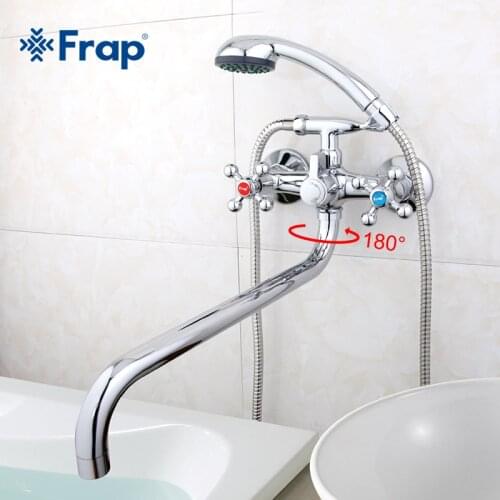 Frap new Wall mounted Silver shower set hand shower bathroom double handle dual hole shower faucet system with 36cm nose F2619-2