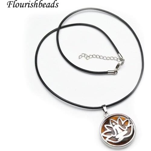 Natural Stone Lotus Sitting Buddha Round Cabochon Metal Hollow Out Pendant Black Leather Cord Necklace Fashion Energy Jewelry