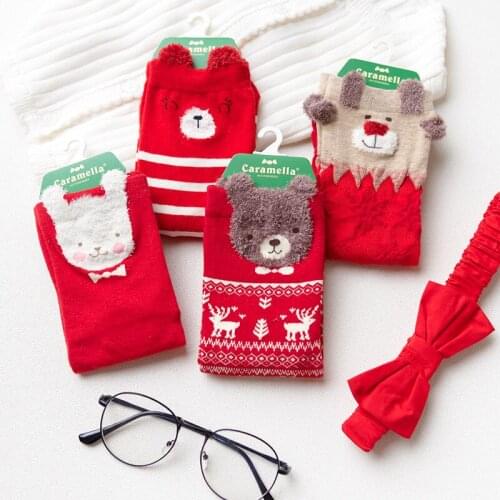 Caramella Women Cotton Casual Socks Ladies Female Girl Men Christmas Gift Hosiery Red Striped Cartoon Sock Rabbit Bear Red Sox