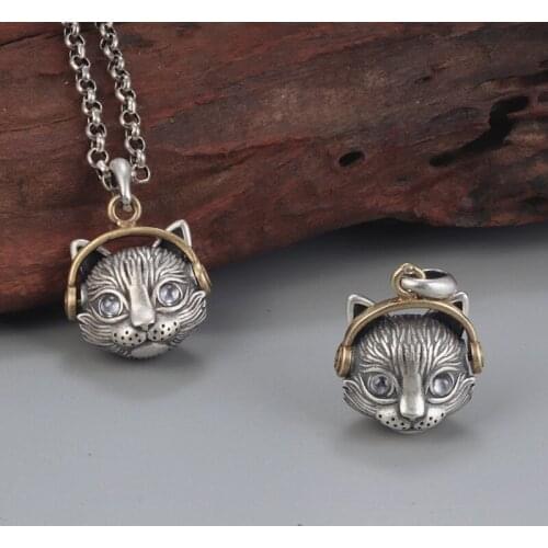 BOCAI New 100% S925 Silver Hip-hop Fashion Retro Puppet cat Man Pendant 2021 Trend Earphone Cat Creative Couple Jewelry
