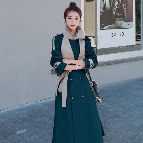 Contrasting Color High-waist Womens Windbreaker Long Spring Autumn New Korean Ladies Cloak Fashion Double-breasted Trench Coat