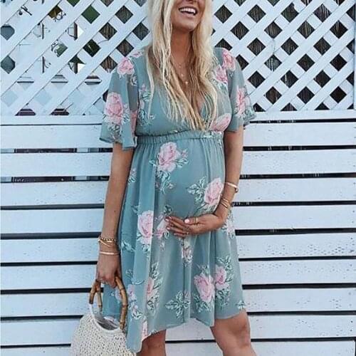 New Summer Women Dress For Pregnancy Fashion Casual Short sleeve Maternity Dress Flower Maternity Clothes Deep-V Nursing Dress