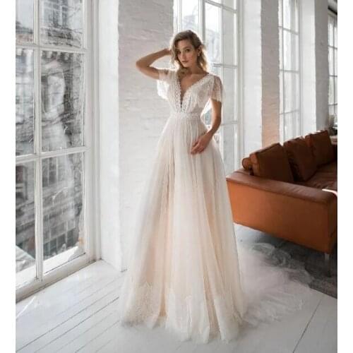 Beach Wedding Dresses A-line V-neck Tulle Lace Boho Backless Dubai Arabic Wedding Gown Bridal Dress Vestido De Noiva
