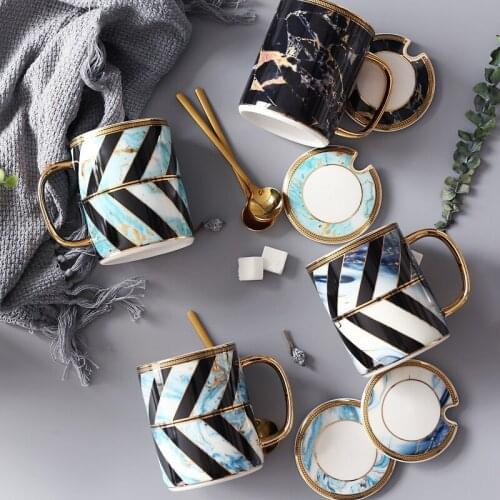 1/PCS Simple creative ceramic couple mug 350ML coffee cup water cup Nordic style marble pattern cup with lid spoon