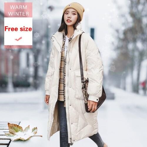 New Winter Fashion White Duck Down Jacket Stand Collar Loose Style Female Long Warm Soft Windproof Feather Coat Good Quanlity