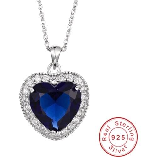 Luxury Really 925 Sterling Silver Necklace Big 6ct Heart Blue Sapphire CZ Wedding Pendant Necklace for Women Jewelry gift