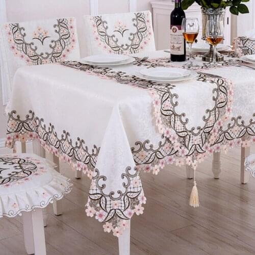 Pink Floral Polyester Rectangle Table Cloth Modern Lace Hollow Waterproof Disposable Table Cover Wedding Hotel Party Table Cloth