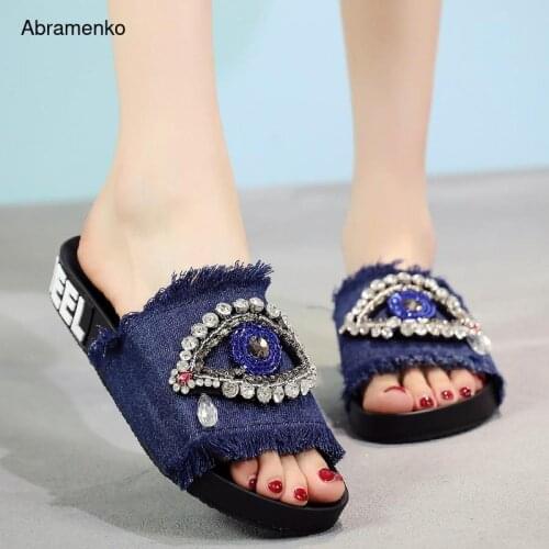 Sandals Crystal Denim Flip Flops Women Eyedrop Rhinestone Platform Sandal Tassel Open Peep Toe Sandals Women Slippers Size 36-41