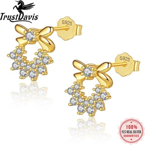 TrustDavis Real 925 Sterling Silver Creative Cute Zircon Bowknot Stud Earrings Women Wedding Party Girlfriend Jewelry Gift L090