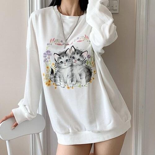 Spring Autumn Basic O-Neck Casual Womans Sweatshirts Long Sleeve Cat Printing Ladies Pullovers Female Loose Sweatshirts Outwear