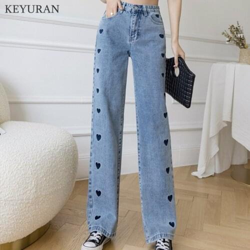 2021 New Wide Leg Jeans Women Love Printing Vintage Harajuku Loose Casual Denim Pants Spring Street High Waist Woman Trousers