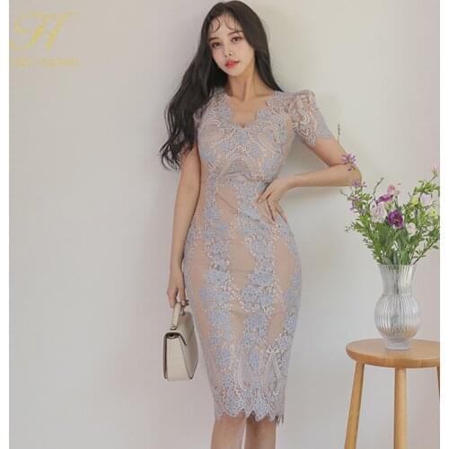 H Han Queen Elegant V-Neck Lace Pencil Dress Women Summer Hook Flower Sheath Office Dresses OL Casual Business Bodycon Vestidos