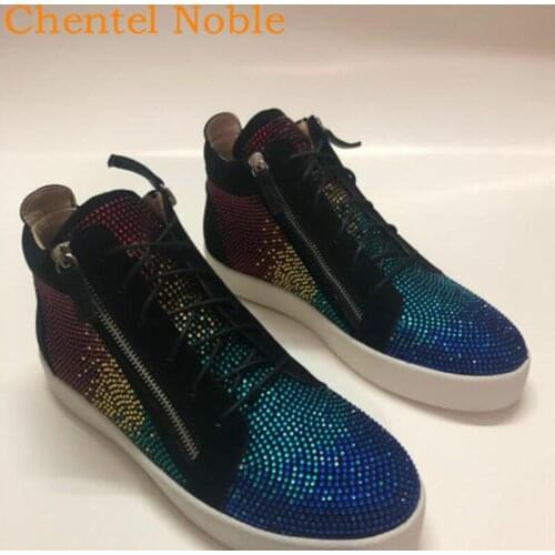 2020 New Chentel Leather Bling Colorful Crystal Casual Shoes Party Shoes Men Flats Sneakers Zipper Lace-Up Unisex Big Size