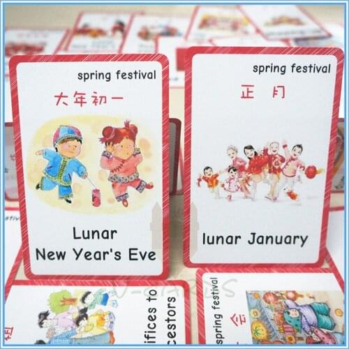 22pcs English Flash Cards English Teacher Teaching Aids Chinese Lunar New Year Spring Festival Educational Cards