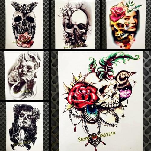 3D Women Temporary Tattoo Henna Skull Diamond Rose Flower Waterproof Fake Flash Tattoo Sticker 21*15CM Indian Scary Tatoo Men