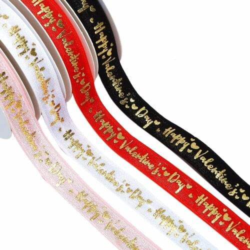 5/8" gold foil happy Valentine day text FOE fold over elastic for DIY ties garment cloth accessories welcome custom