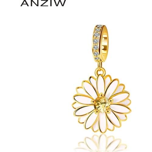 ANZIW 925 Sterling Silver Charms Enamel Small Daisy Beads Fit Original Charms Bracelet Girl Women DIY Jewelry Gift