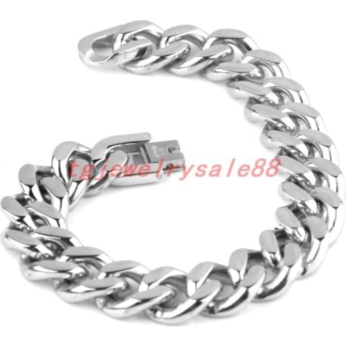 15mm Wide Top Polishing Silver Color 7-11inches Option Stainless Steel Cuban Curb Link Chain Bracelet Bangle Biker Mens Jewelry