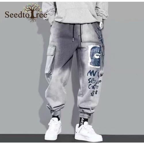 Mens Jeans Printed Plus Size Cargo Pants Loose Trend Hip-hop Drawstring Big Pocket Denim Trousers