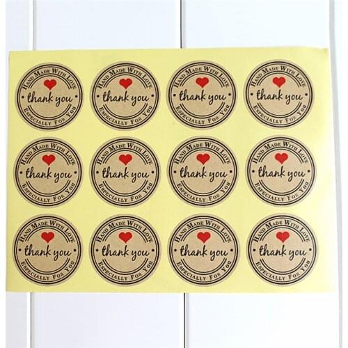 HOT 12/60/120PCS Custom Round Labels Paper Bag Kraft Thank You Stickers Thank You Red Love Self-adhesive Stickers Garment Labels