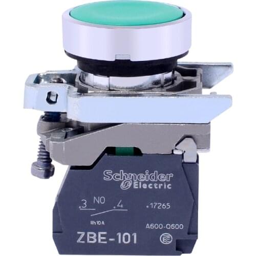 Pushbutton switch Green flat head, unmarked spring return one normally open nickel-plated metal 22mm XB4BA31