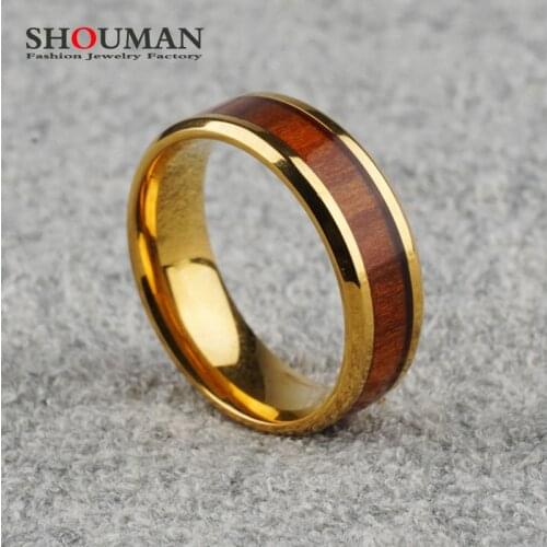 SHOUMAN 8mm Real Wood Inlay 316L Stainless Steel Male Rings Gold Blue Color for Men Women Wedding Band Jewelry