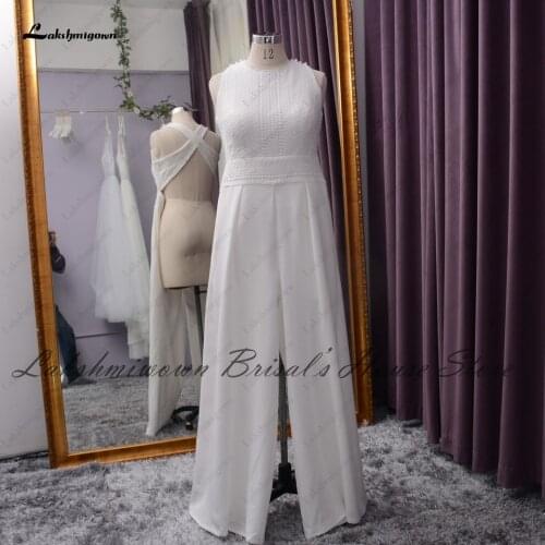 Lakshmigown Classic Boho Lace Wedding Jumpsuit Receipt Gowns 2021 Hochzeit Women Elegant Satin Beach Wedding Dresses Sleeveless