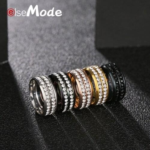 ELSEMODE Shining 2 Rows Cubic Zirconia Wedding Rings For Lovers 8MM Stainless Steel Women Engagement Jewelry Wholesale