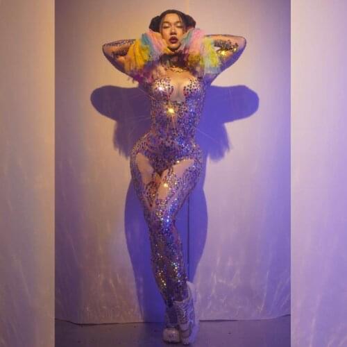 Nightclub Party Rhinestone Jumpsuit Women Stretch Skinny Sequins Bodysuit Showgirls Dancer Rompers Stage Performance Costumes