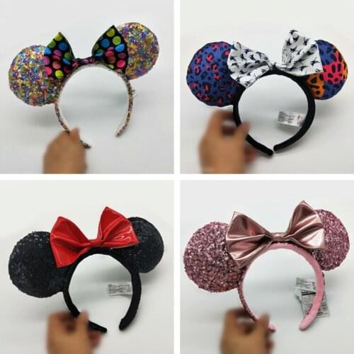 Disney Mickey Minnie Hairband Play Game Women Party Headdress Ears Sequin Hair-Bands Princess Head Hoop Plush Toy Kid Gift