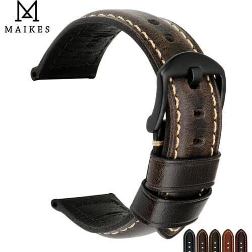 MAIKES Watch Band Watch Accessories Watch Strap Vintage Genuine Calf Leather 18mm 20mm 22mm 24mm 26mm Watchbands For Panerai