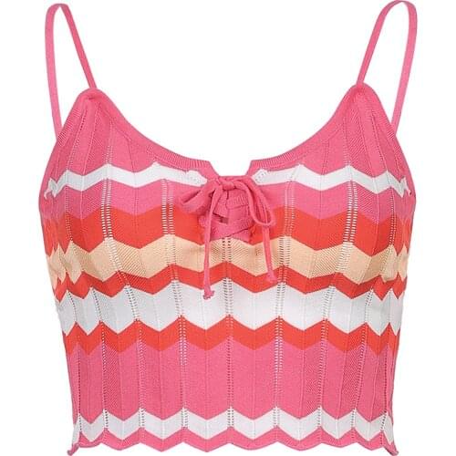 Pink Crop Tank Tops Irregular Striped Color-block Summer Sexy Vest Knitted Sleeveless Tops Cute Ribbed Slim Fit Y2K Camisole
