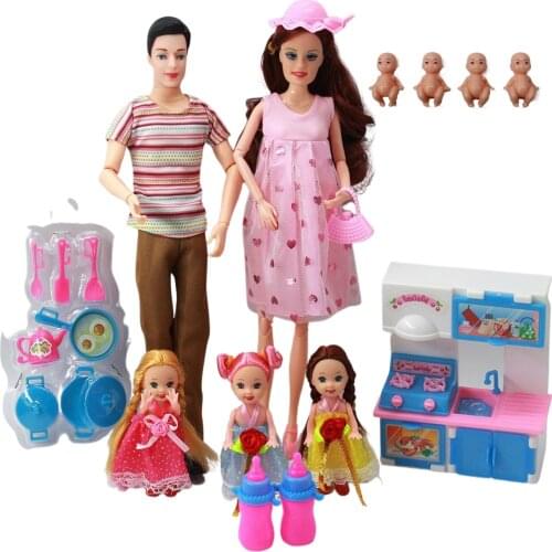 6-Person family couple combination=11.5" Barbies pregnant doll mom/daddy/girl/stroller/dining chair children toy Christmas gift