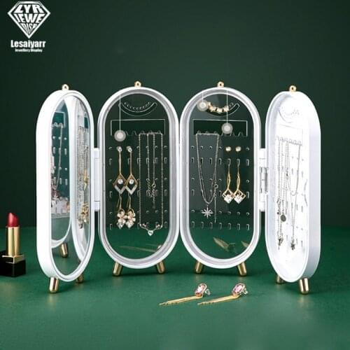 2021 New Jewelry Box Organizer 4 Fan Storage Case Necklace Earrings Ring Mirror Display Desktop Jewel Holder Plastic Large