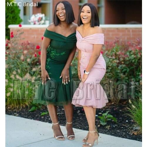 Dark Green Short Prom Dresses Off The Shoulder Knee Length Appliques Tulle Plus Size Black Girls Wedding Party Gowns Wholesale