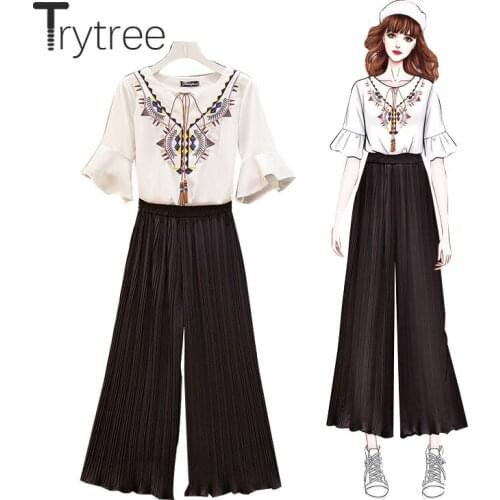 Trytree 2020 Summer Women Two Piece Set Casual O-neck Embroidery Flare Sleeve Tops + Pants Pleated Wide leg Pants 2 Piece Set