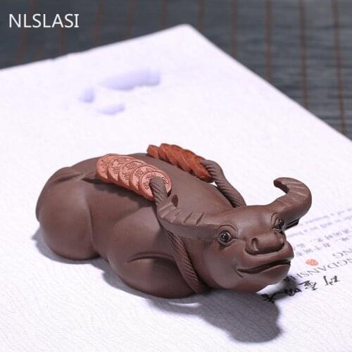 Creativity Purple Clay Tea pet Ornaments Lucky money Cattle Statue tea Figurine Boutique decoration Accessories Handmade Crafts