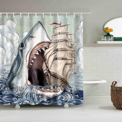 Big Mouth Shark Shower Curtains Mediterranean Style Marine Life Bath Decorations