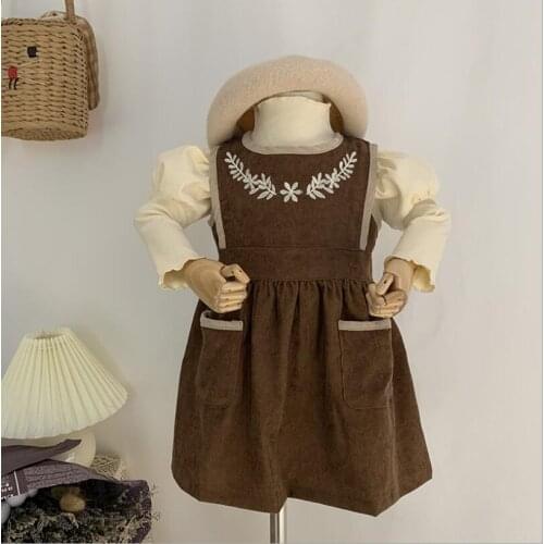 Vintage flower embroidery girls corduroy vest dress for girls clothes toddler baby clothing infant kids costumes children clothe