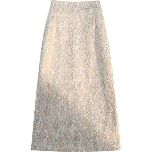 High Waist Skirt Summer Skirt Girl Chic Retro Slim Print Lace Stitch Streetwear A-line Flower Skirt Elegance Skirts Womens