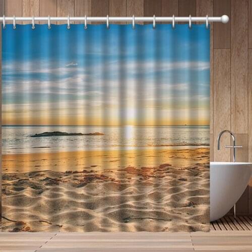 Seaside Sea Beach Sea Wave Coconut Tree Shower Curtains Bathroom Curtain Fabric Waterproof Polyester Bath Curtain With Hooks
