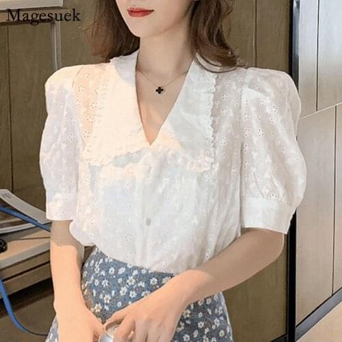 Vintage Doll Collar Solid Casual Shirt Summer Hollow Flower Lace Blouse Women New Sweet 2021 Puff Short Sleeve Loose Tops 14857